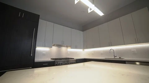 Modern luxury kitchen, interior walk through, steady cam, minimalistic design Stock Footage 100996268