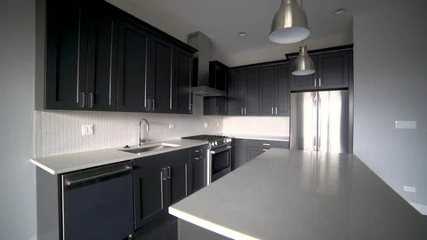 Modern luxury kitchen, interior walk through, steady cam, minimalistic design Stock Footage 100996370