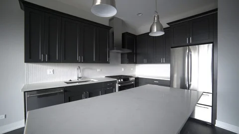 Modern luxury kitchen, interior walk through, steady cam, minimalistic design Stock Footage 100996393