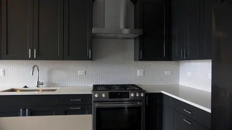 Modern luxury kitchen, interior walk through, steady cam, minimalistic design Stock Footage 100996575