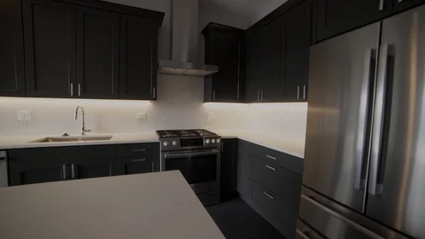 Modern luxury kitchen, interior walk through, steady cam, minimalistic design Stock Footage 100996655