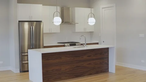Modern luxury kitchen, interior walk through, steady cam, minimalistic design Stock Footage 100996827