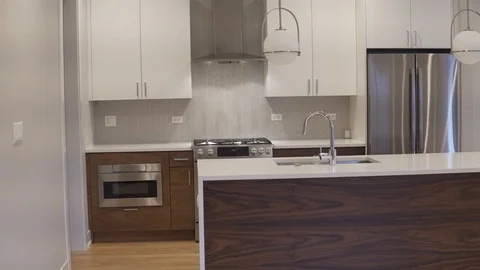 Modern luxury kitchen, interior walk through, steady cam, minimalistic design Stock Footage 100996850