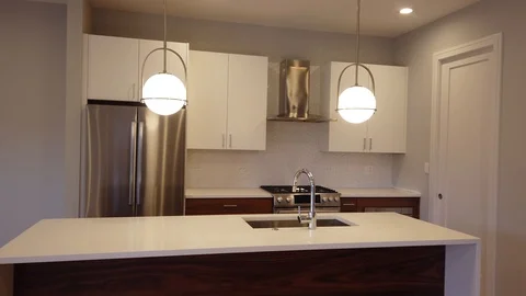 Modern luxury kitchen, interior walk through, steady cam, minimalistic design Stock Footage 100996919