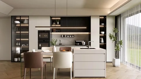 Modern Luxury Kitchen Interior zoom-out 3D render Stock Footage 340139352