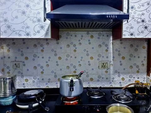 Modern Luxury Modular Kitchen Interior with Elegant Cabinets. Stock Photos