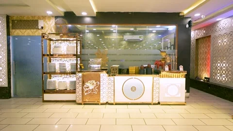 Modern Luxury Restaurant Buffet Counter with Gold Accents Stock Footage 342097487