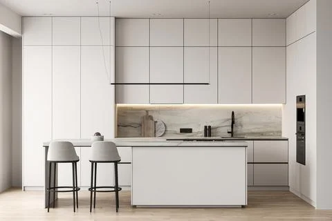 Modern luxury stylish kitchen interior with wooden floor, stone island and chair Stock Illustration