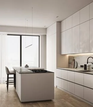 Modern luxury stylish kitchen interior with wooden floor, stone island and chair Stock-Illustration