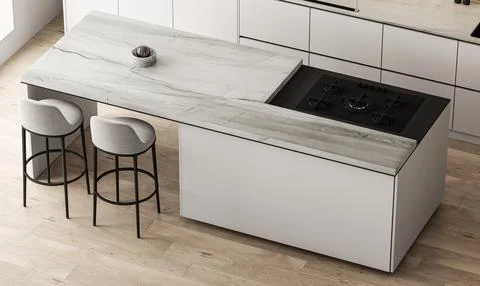 Modern luxury stylish kitchen interior with wooden floor, stone island and chair Illustrazione stock