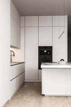 Modern luxury stylish kitchen interior with wooden floor, stone island and chair Stock Illustration