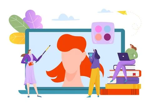 Modern makeup online course, tiny woman professional teach cosmetology skill Ilustração Stock