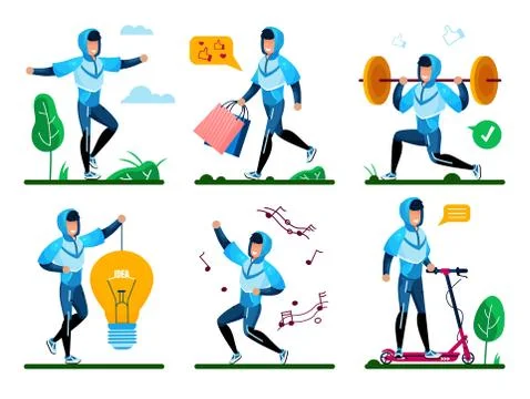 Modern Man Active Life Flat Vector Concepts Set Stock Illustration