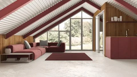 Modern mansard in white and red tones, living room with sofa and kitchen. I.. Stock Illustration