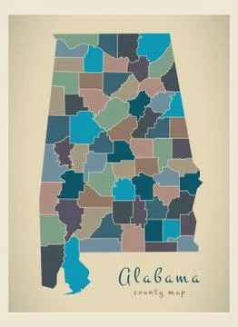 Modern Map - Alabama coloured county map USA illustration Stock Illustration