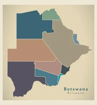 Modern Map - Botswana with colored districts BW Stock Illustration