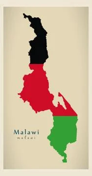 Modern Map - Malawi flag colored MW Stock Illustration