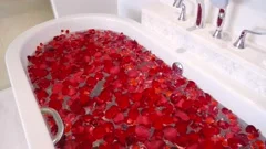 Bathtub Filled With Red Rose Petals Stock Photo - Download Image