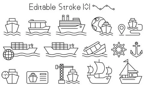 Modern maritime icon collection with editable stroke outlines. Includes car.. Stock Illustration