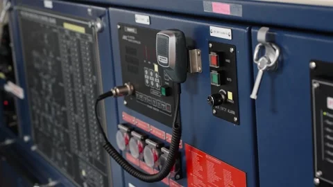 Modern Maritime University Ship Simulator Control Console with Communication Stock Footage 313985351