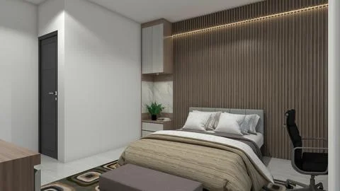 Modern Master Bedroom Design Using Comfortable Bed with Wall Background Panel Stock Illustration
