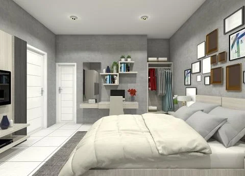 Modern Master Bedroom Interior with King Size Bed and Home Office Stock Illustration