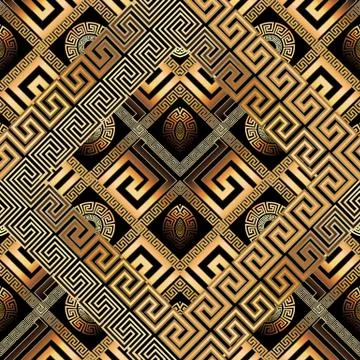 Modern meander seamless pattern. Abstract black gold greek key background. 3d Stock Illustration