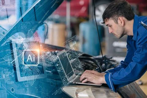 Modern mechanic using AI Technology to help solve car problem and plan serv.. Stock Photos