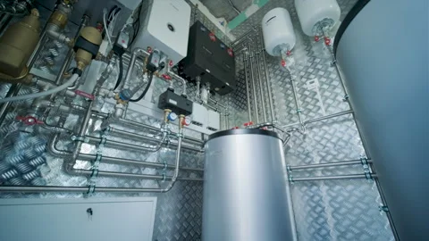 Modern mechanical room interior showing a complex HVAC system with heat pump Stock Footage 340112940
