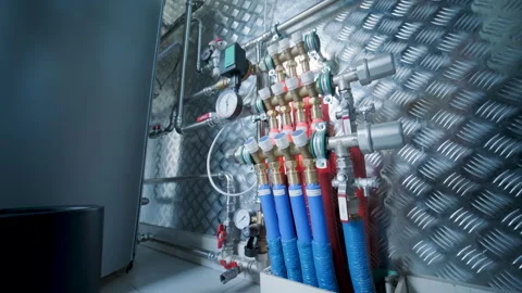 Modern mechanical room interior showing a complex HVAC system with heat pump Stock Footage 340113140