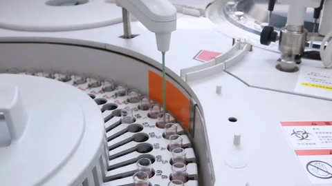 Modern medical computerized equipment analysis of samples in micro plates using Stock Footage 307907974