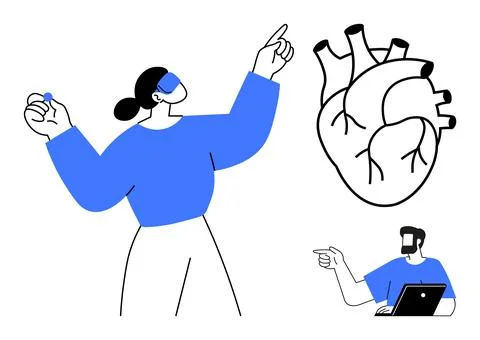 Modern Medical Discussion with Doctors Analyzing a Heart Diagram and Collab.. Stock Illustration