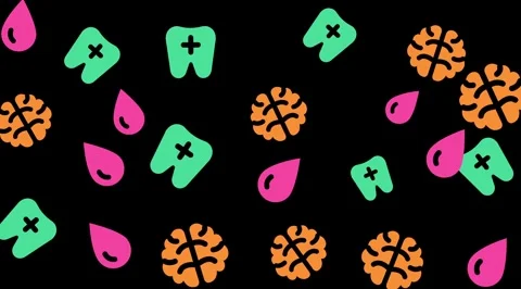 Modern Medical Pattern 2025 with Brain Tooth and Drop Icons on Black Stock Footage 344875548