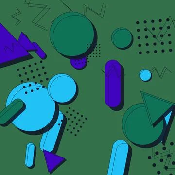 Modern Memphis Abstract Geometric Pattern with Cool Toned Shapes on Green B.. Stock Illustration