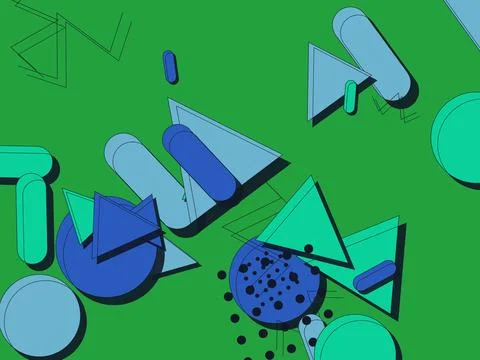 Modern Memphis background featuring green backdrop with vibrant blue and te.. Illustrazione stock