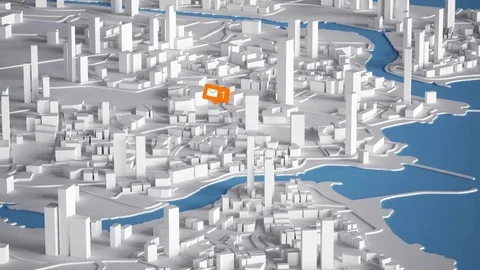 Modern Message Orange Icon on Aerial View of City Buildings 3D Rendering An.. Stock Footage 70924008