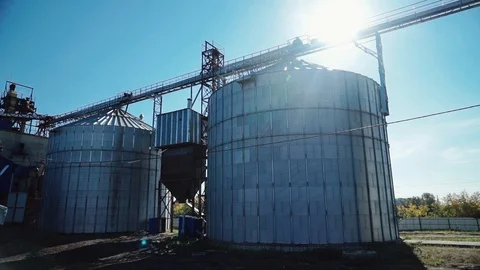 Modern metal grain elevators standing on grain farm 스톡 동영상 98108635