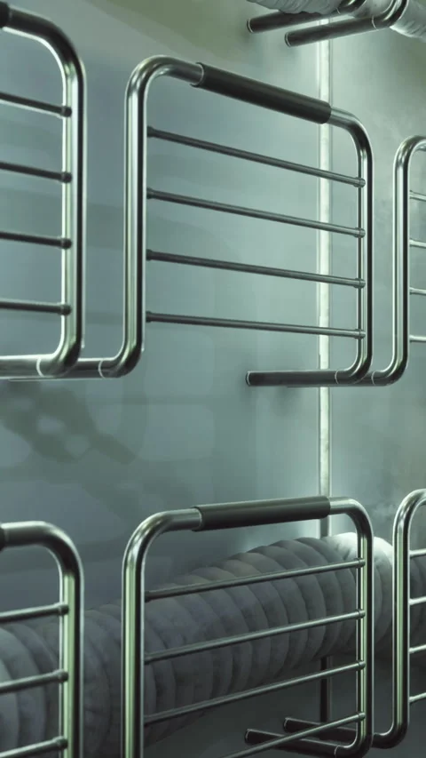 Modern metal racks on a wall in a store during daylight hours 스톡 동영상 334188735