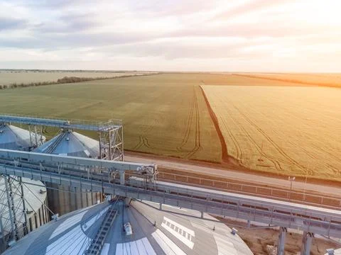 Modern metal silos on agro-processing and manufacturing plant. Aerial view of Stock Photos
