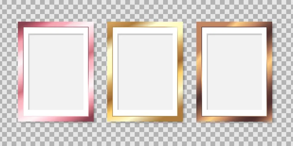 Modern metallic colored picture frames. Golden, pink and bronze frame border Stock Illustration