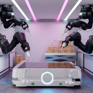 A modern metallic tabletop or scale surrounded by black robotic assembly ar.. Stock Illustration