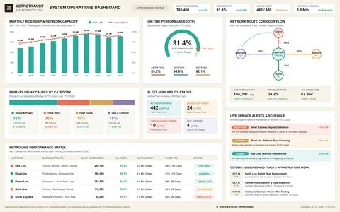 Modern Metro Rail System Operations Dashboard with Real-Time Transit Data Stock-Illustration
