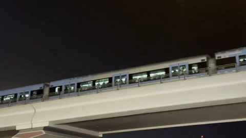 Modern metro train passing on an elevated bridge at night 動画素材 346400171