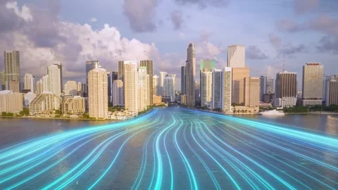 Modern Miami skyline with digital hyper-lapse effects over Biscayne Bay. Stock Footage 279746205