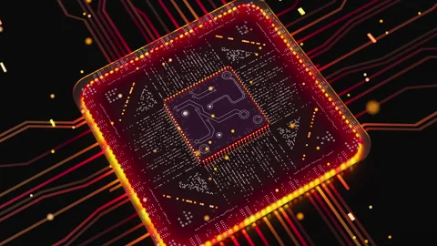 Modern microchip close-up with futuristic neon circuit lines Stock Footage 344158256