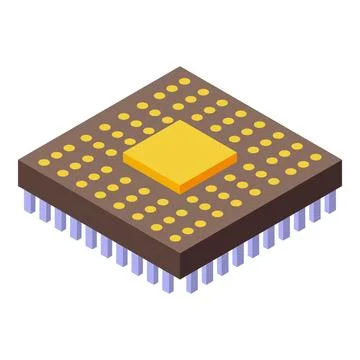 Modern microchip showing isometric view with golden contacts and violet pins イラスト素材