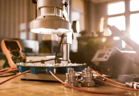 Modern microscope, connectors component and large green microcircuit in works 스톡 사진