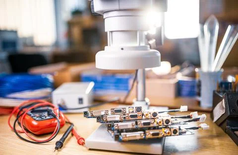 Modern microscope, electronic components in a scientific laboratory Stock Photos