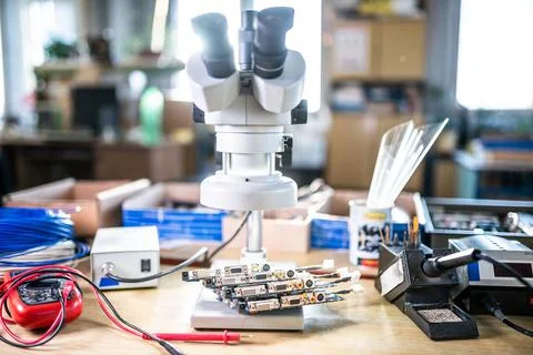 Modern microscope, electronic components in a scientific laboratory Stock Photos