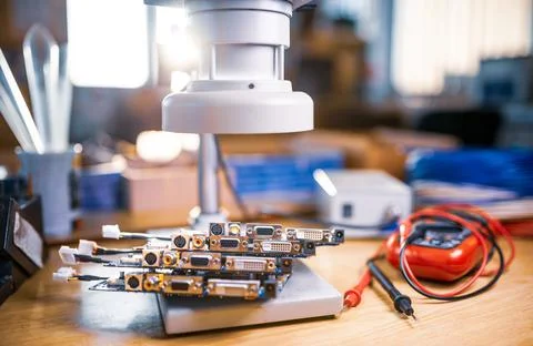 Modern microscope, electronic components in a scientific laboratory Fotos de archivo